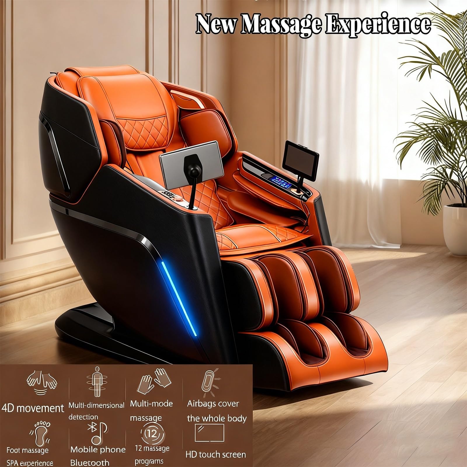Poltrona Massaggiatrice 4D di Lusso, Controllo Vocale IA Rilassante con Sospensione Zero-Gravity Ricarica Wireless 12 Modalità Professionali Adatta a Diverse Tipologie di Utenti(Orange)