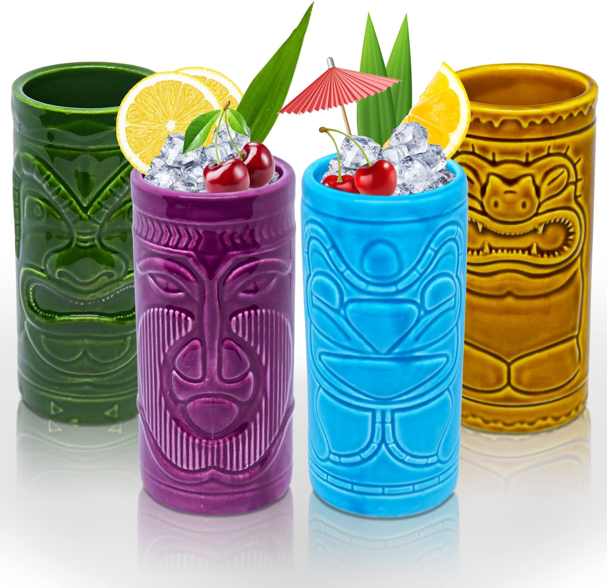 Tiki Mug Glasses Tiki Mug for Cocktails Set of 4 Ceramic Tropical Cups Hawaiian Tiki Party Cocktail Glass Drinks Bar Drinkware Premium Tropical Exotic Cocktail Fountain Barware 4 Packs Gift