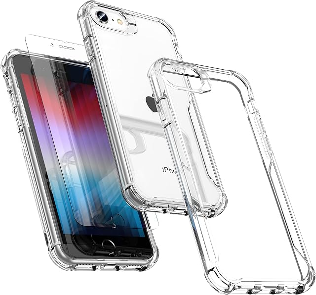 ORETech Designed for iPhone SE 2022 Case Clear with [2 x Screen Protector] iPhone se 2020 7 8 Case Shockproof Drop Protection Transparent Thin Soft TPU + Hard PC Hybrid Case for iPhone SE 2020- Clear