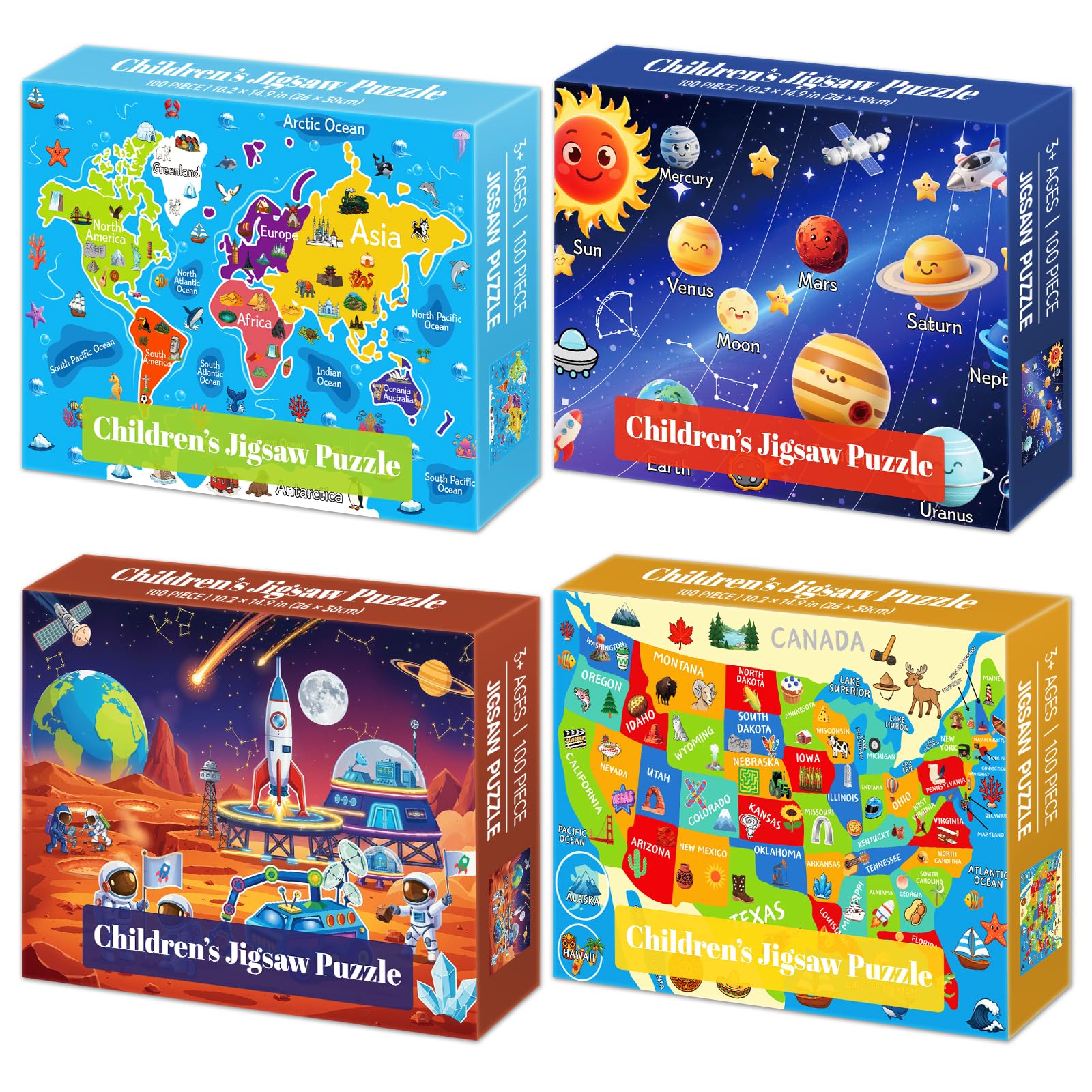 4 Packs 100 Piece Puzzles for Kids Ages 4-6 6-8 8-10, USA World Map Kids Puzzles Ages 3-5 4-6 5-8, Solar System Mars Adventure 100 Piece Puzzle for