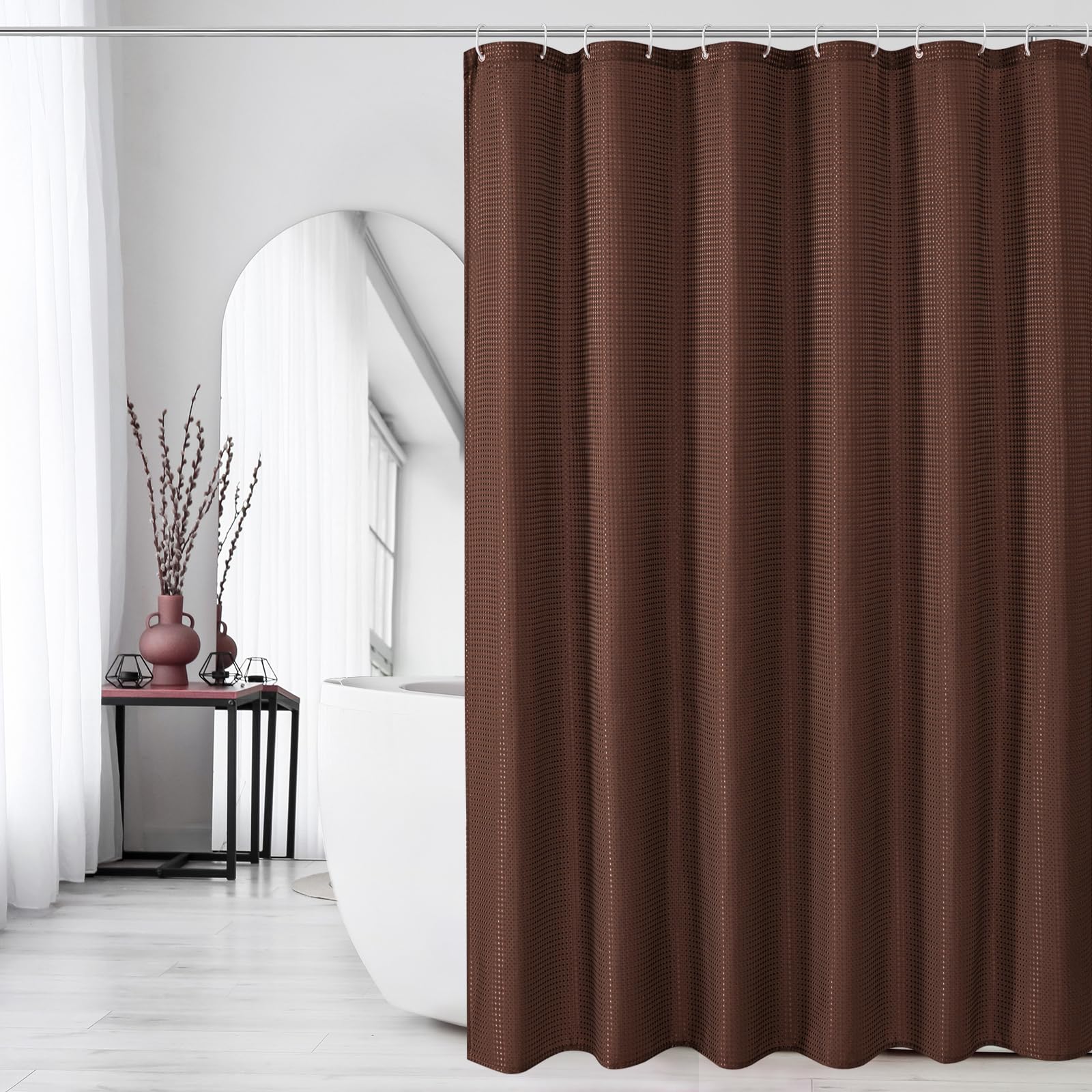 Gibelle Cortina de ducha de tela marrón, 72 x 72 pulgadas | Cortina de ducha con textura de tela para baño, tela suave y lujo de hotel, spa, repelente al agua, lavable a máquina