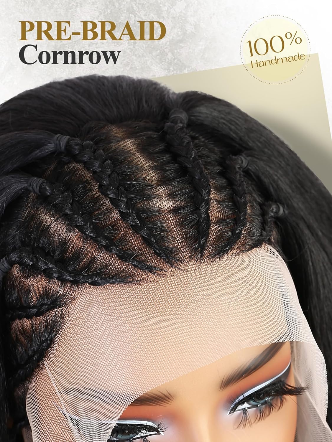 Fancy Hair Braided Kinky Straight Bob Wig for Black Women 13x4 Cornrow Braided Lace Frontal Wig 12 Inch Yaki Kinky Straight Synthetic 200% Density Hair Pre-braid Handmade Cornrow Glueless Natutal Hair