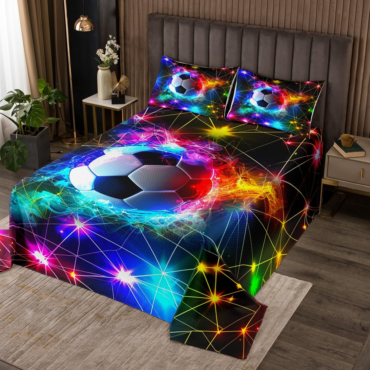 Castle Fairy Football Bedspread Twin Size,Neon Lights Purple Blue Coverlet Set 2pcs for Kids Girls Boys Youth Bedroom Decor,Colorful Glow Quilt Set,1 Pillowcase