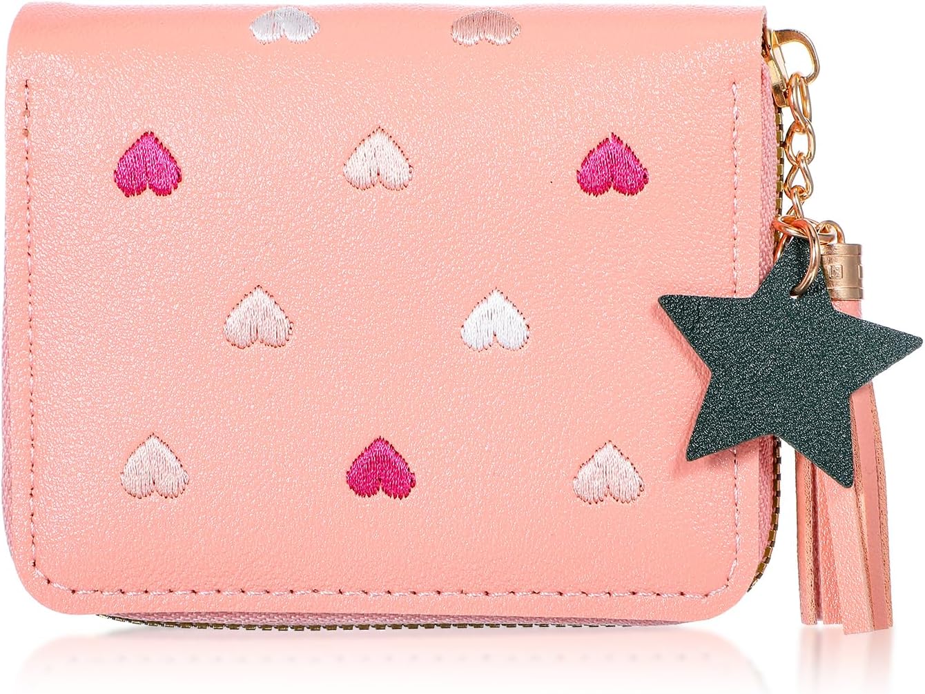 Pink PU Leather Women’s Wallet, Womens Wallet with Zipper Cute Wallets with Heart-embroidery Small Coin Purse Credit Card Holder for Women Ladies and Girls, Pink, Womens Wallet With Zipper