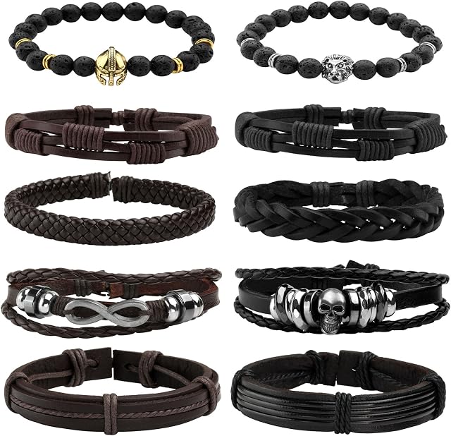 MILAKOO Braided Leather Bracelets for Men Women Wooden Beaded Bracelets Wrap Adjustable
