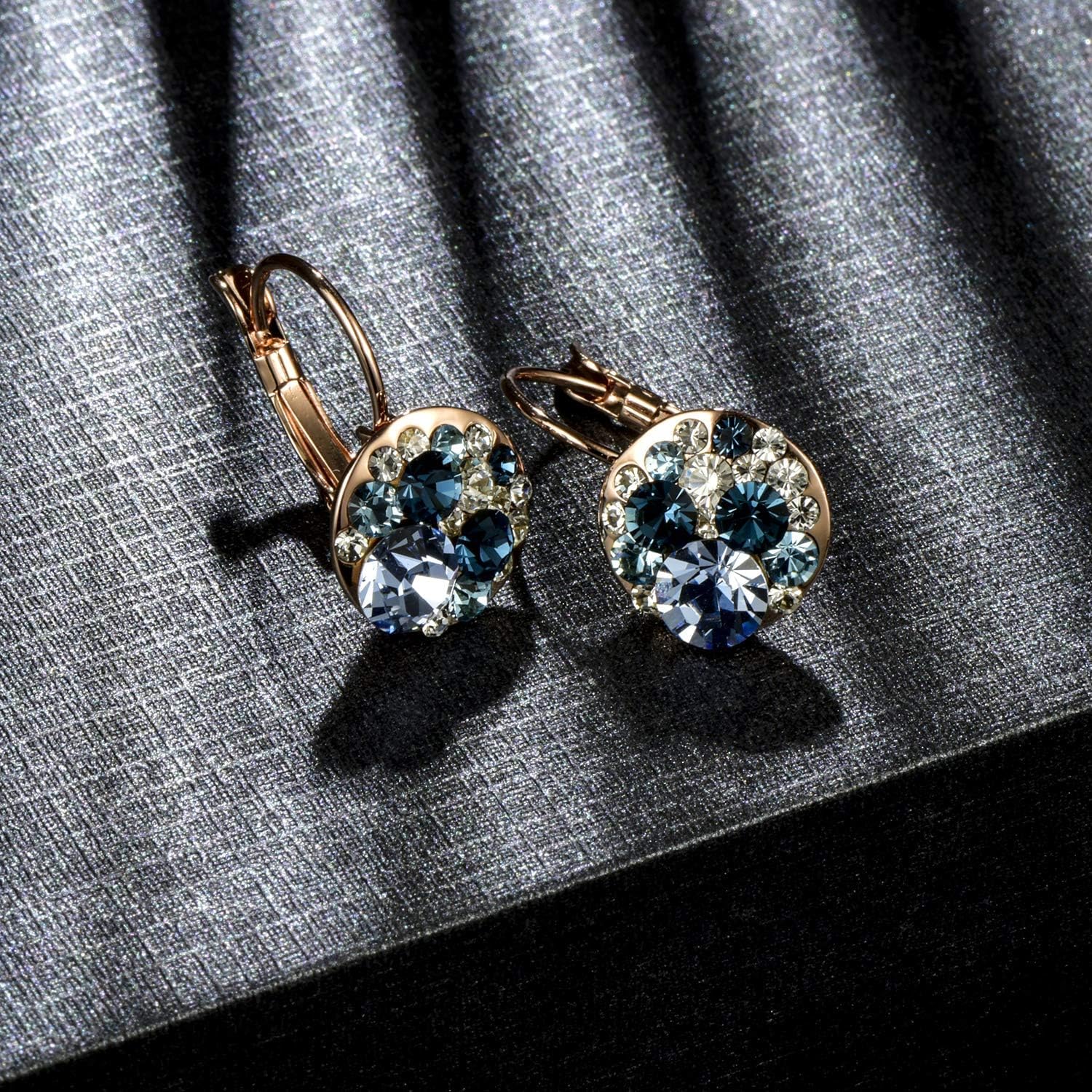 Multicolored Austrian Crystal Leverback Earrings for Women 14K Gold Plated Dangle Hoop Earrings Hypoallergenic Jewelry - Image 7