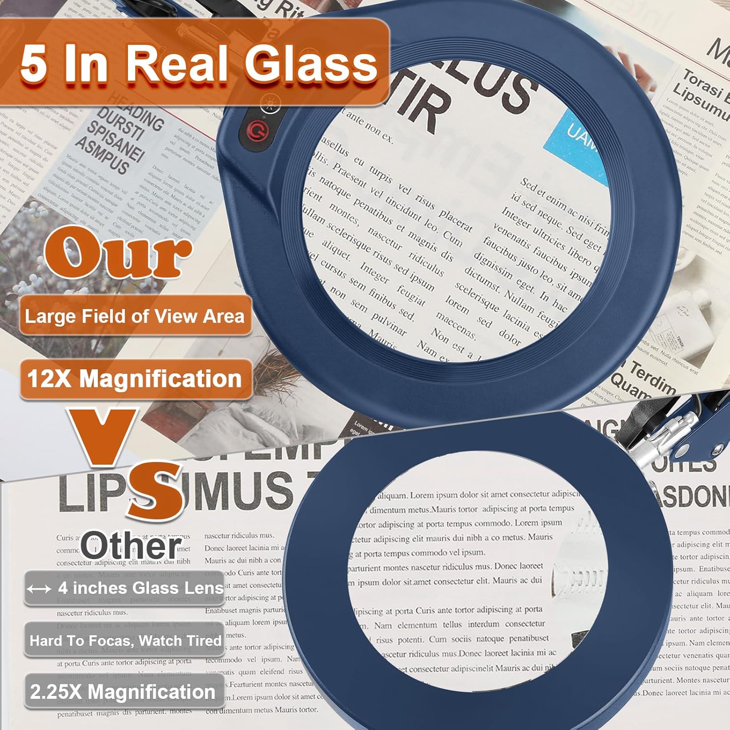 VEEMAGNI 5 Inch 12X Large Real Glass Magnifying Glass with Light and Stand, 5 Color Modes Stepless Dimmable, 2 * 16 Inch Swivel Arm LED Clamp Desk Lamp, Hands Free Lighted Magnifier for Crafting-Blue