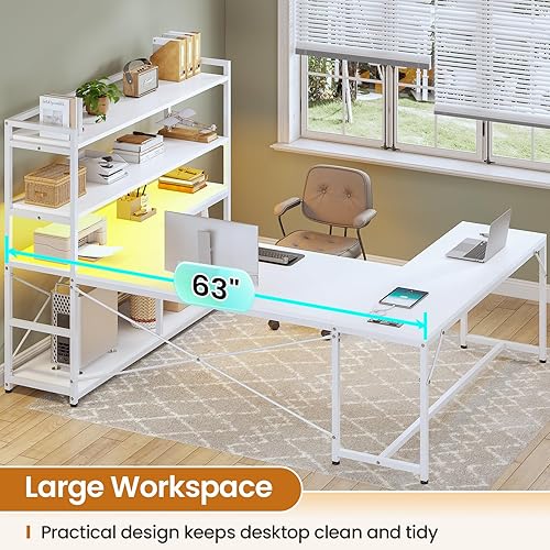 Miniatura 23 de SEDETA Escritorio para juegos en forma de L, escritorio reversible para computadora de 63 pulgadas con toma de corriente y estantes de Negro