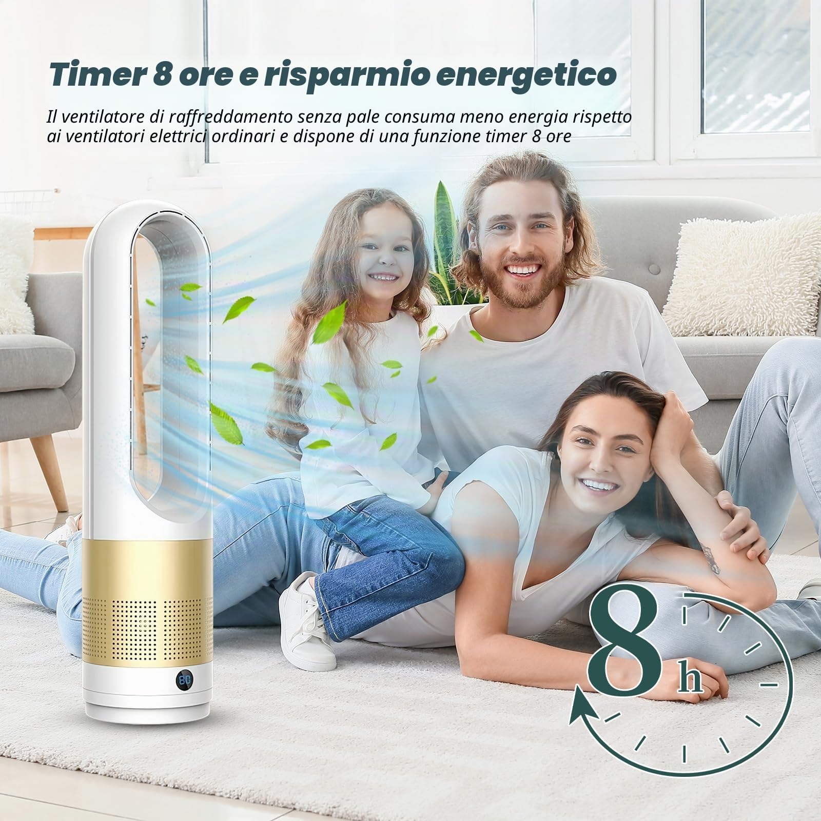 Ventilatore a colonna senza pale da 45,7 cm, ventilatore silenzioso con ionizzatore, telecomando da 5 m, 8 velocità, timer 8 ore e oscillazione 80°, ventilatore a piantana per camera da letto