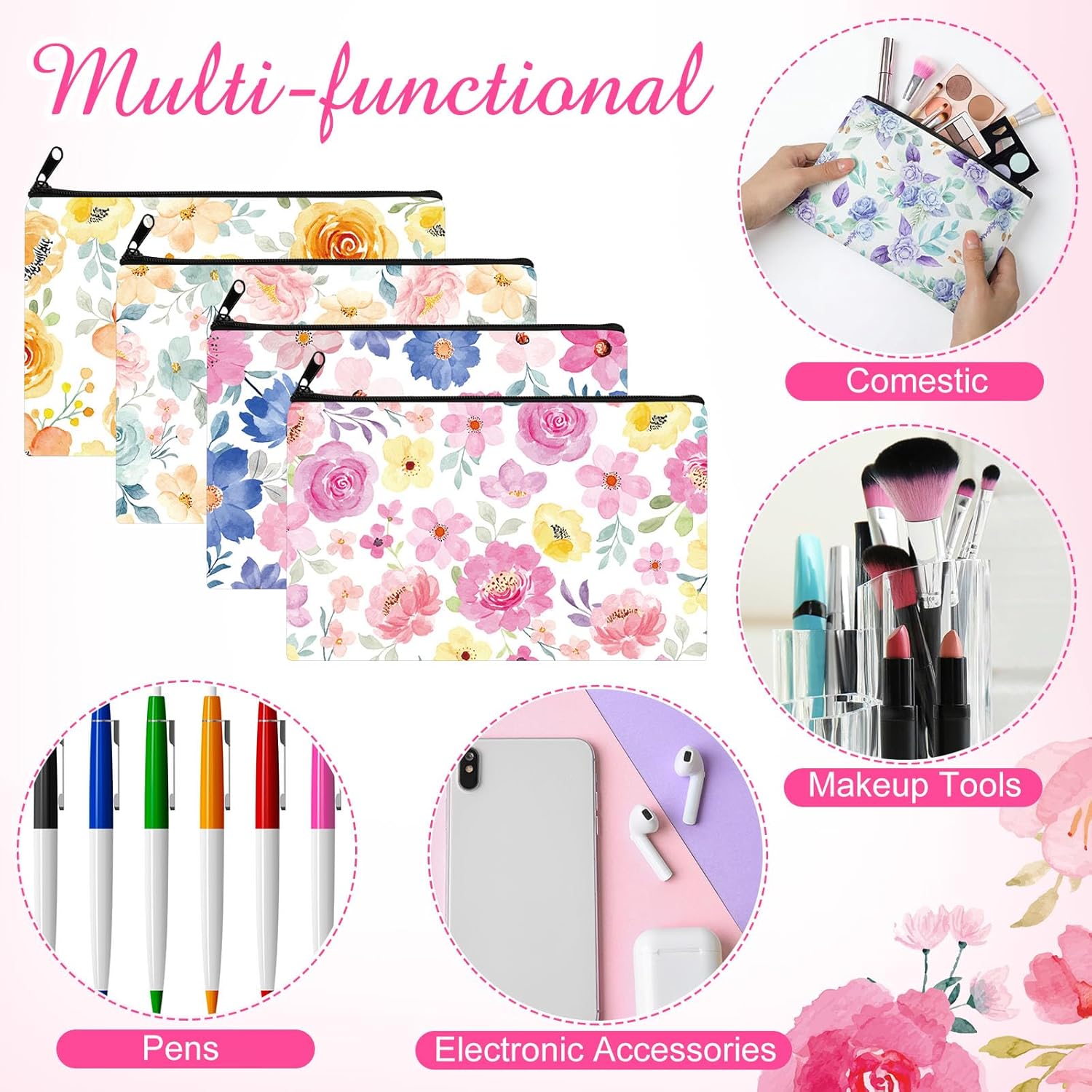 Hillban 36 Pcs Colorful Floral Cosmetic Bags for Women Inspirational Cute Canvas Makeup Bags Bulk Motivational Travel Cosmetic Pouch Beautiful Gifts for Teacher, 12 Styles