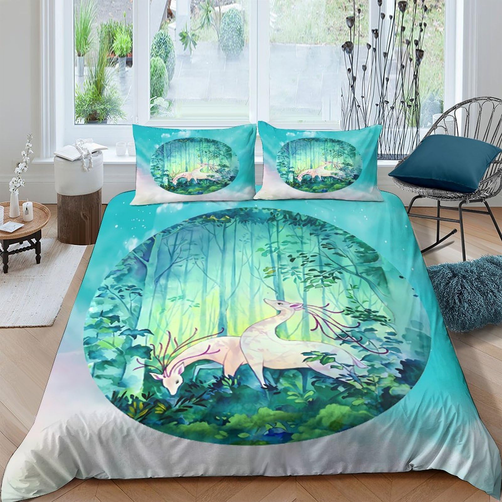 Ctjqhvkz Style-9 3D Printed Enchanted Forest Fitted Sheet Microfiber Soft Green Deer Mattress Cover For Bedroom Guest Room Decor Single（135X200cm）