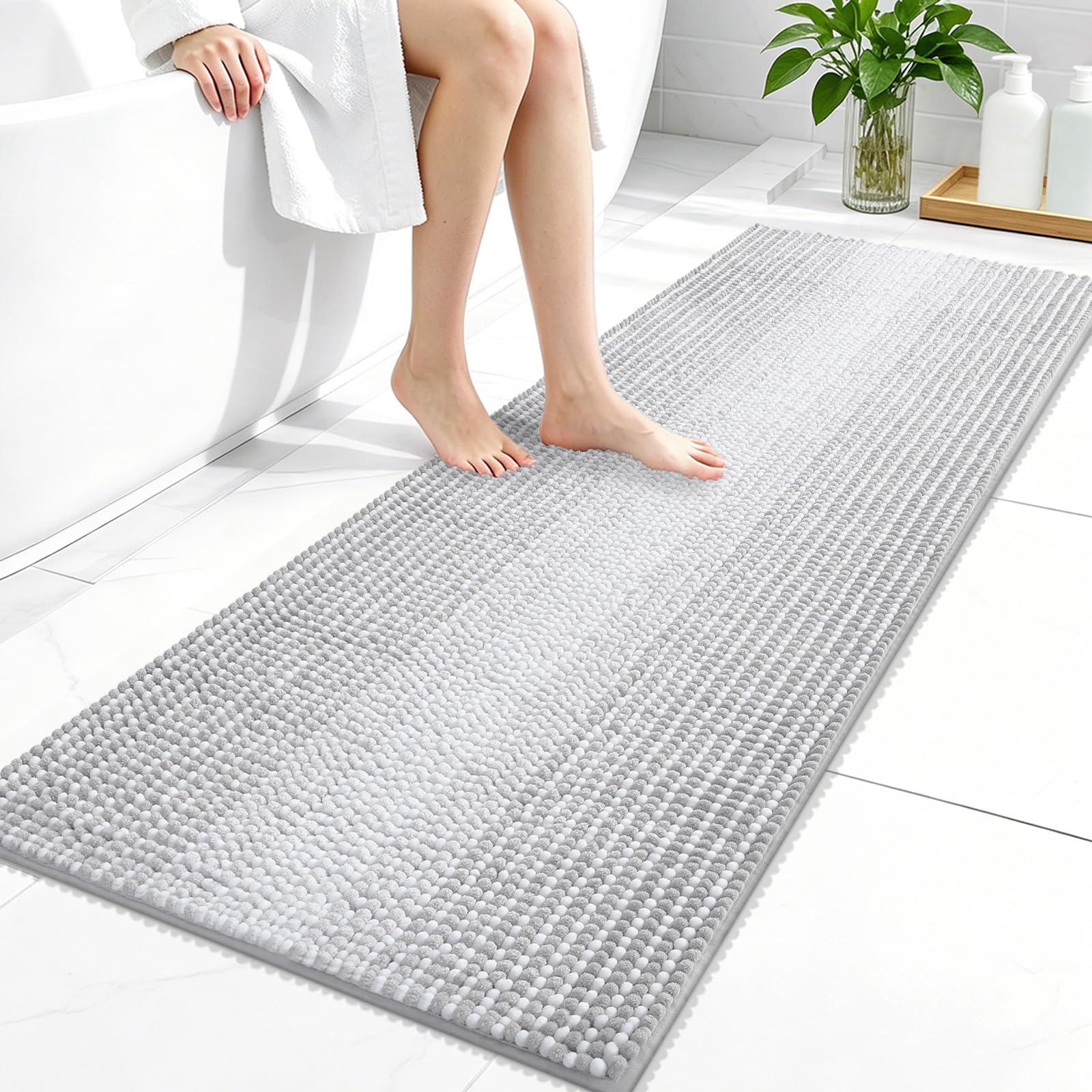OLANLY Bathroom Runner Rugs 47x20, Chenille Striped Bath Rugs, Light Grey