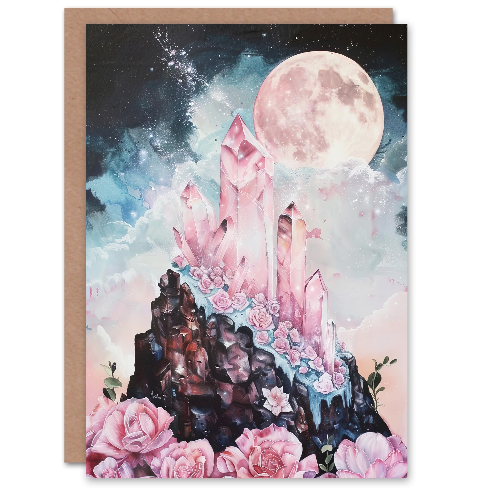 Artery8 Rose Quartz Crystal Full Moon Fantasy Landscape Greeting Birthday Card Him Her All Blank