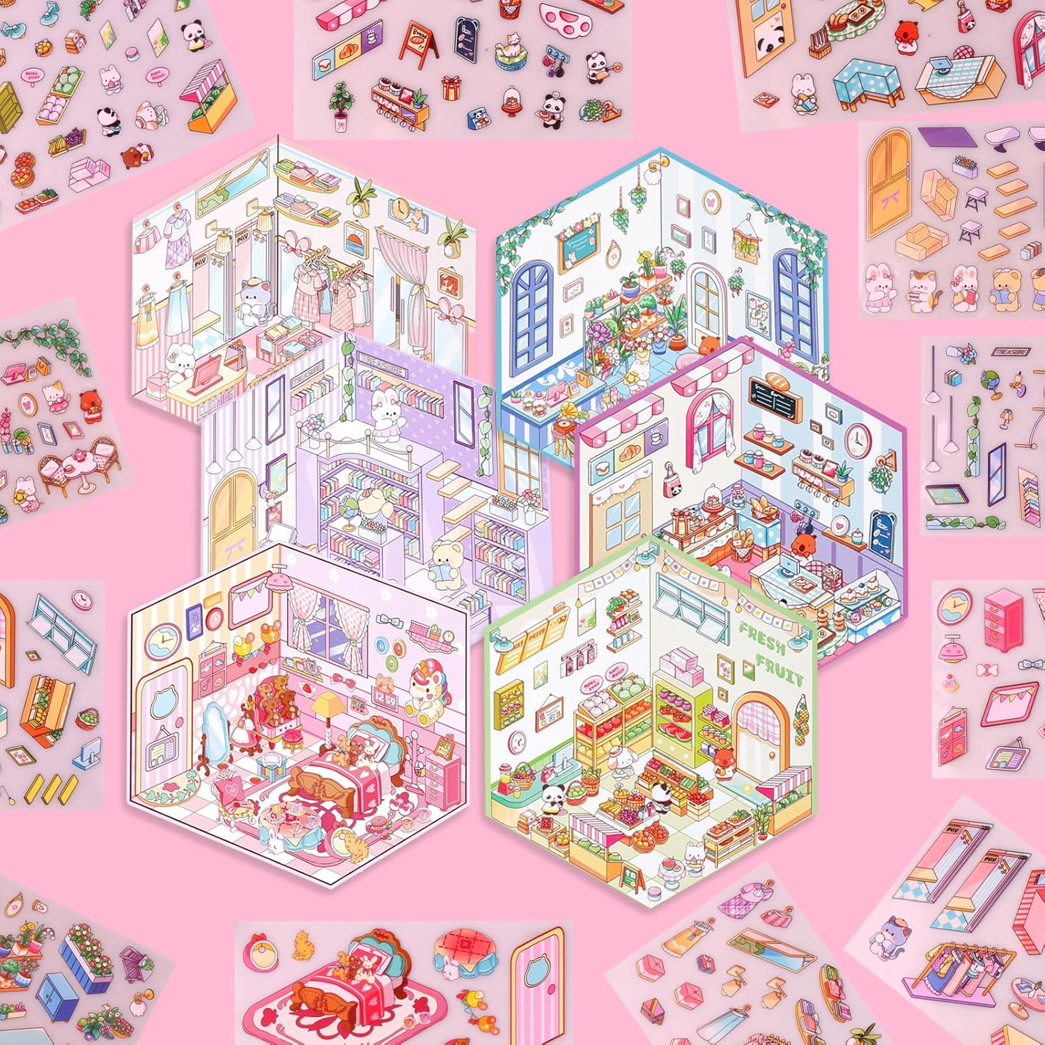 6 Sets DIY 3D Sticker Scene, Sticker Therapy Miniature Cute Cartoon Animal 3D Stickers Scenes for Adults Make Your Own Mini Room Relief Stress Pass The Time