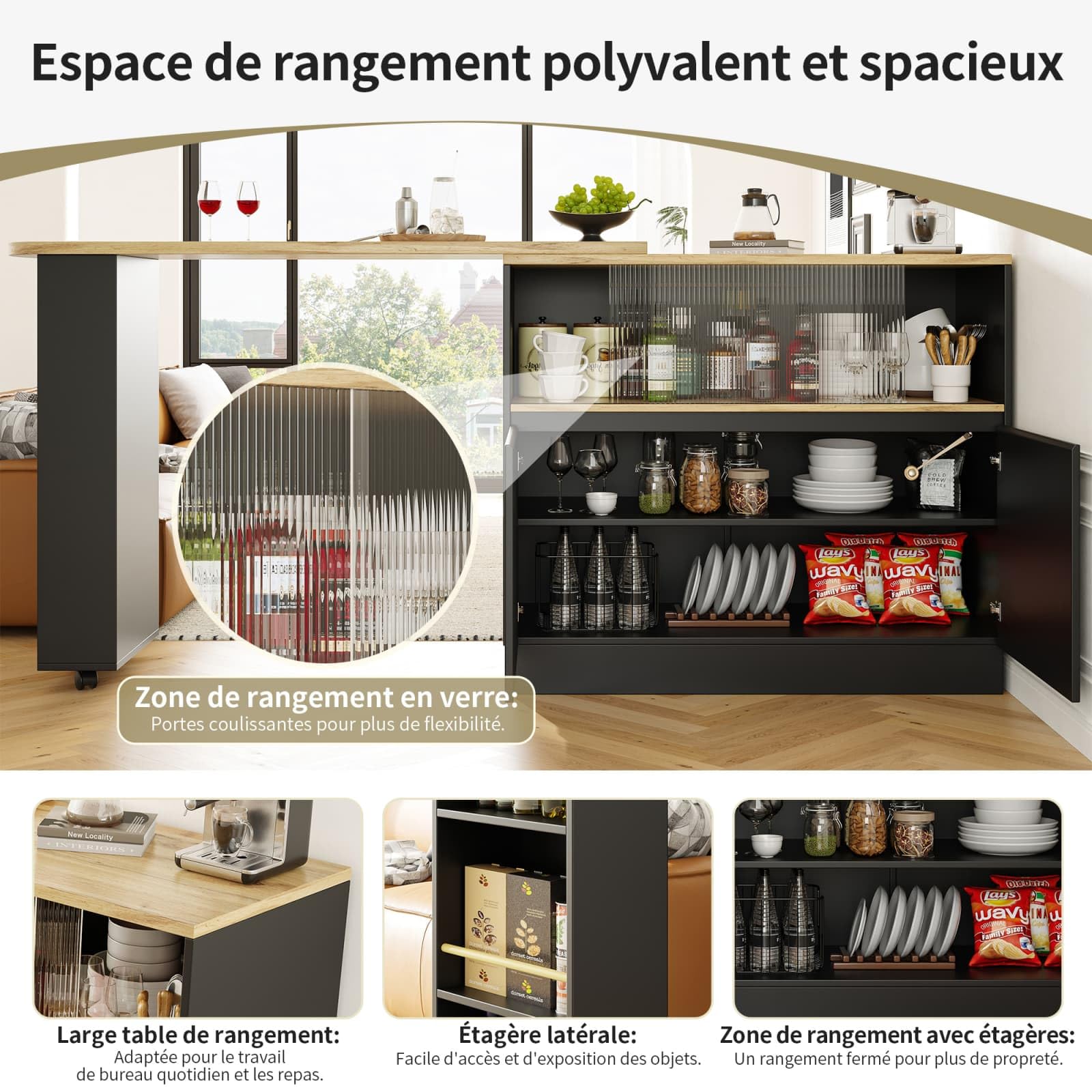 KOMHTOM Table de Bar Extensible avec Espace de Rangement, Meuble Bar avec 2 Portes en Verre, Rotation Libre à 360 °, étagères latérales (Noir)