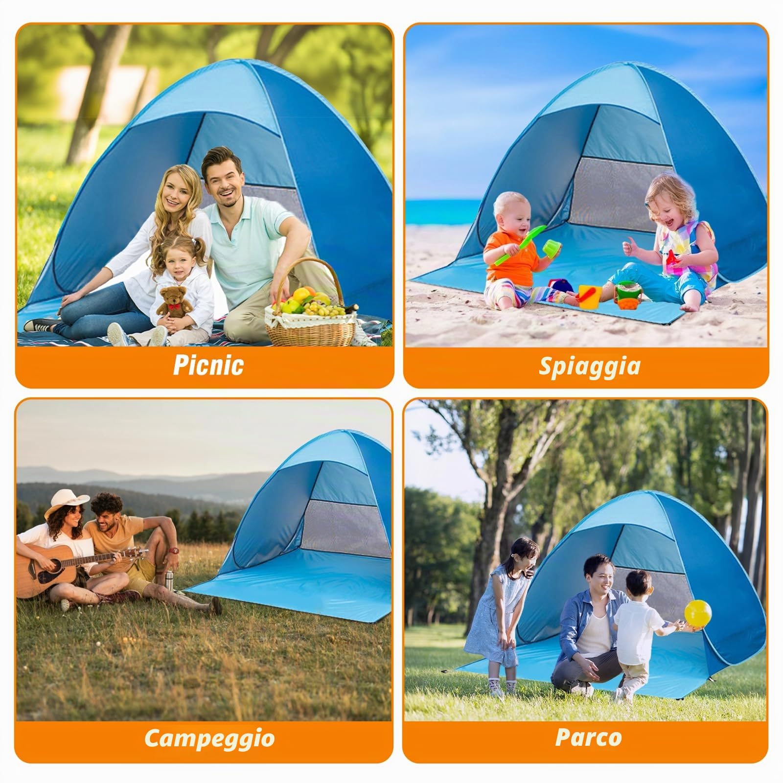 Tenda Campeggio Spiaggia Pop-up con Borsa & Picchetti,Tenda Antivento Protezione Solare per 2-3 Persone,Tenda Mare Portatile & Facile Installare per Esterni Pesca, Vacanza Viaggi, Giardino(Blue)