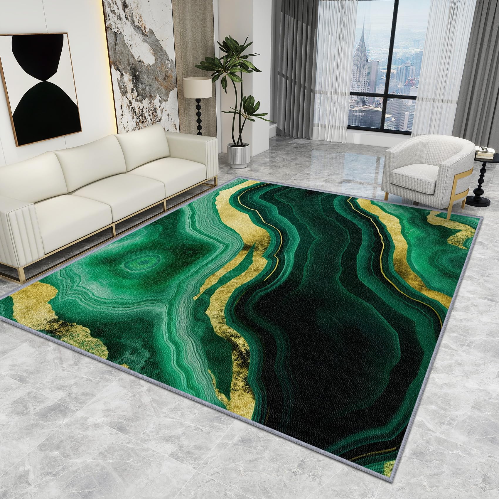 Marble Rugs Living Room - Agate Rug - Emerald Green and Gold Rugs, Abstract Modern Luxury Carpet, Washable Rug Non Slip Low Pile Soft Small Area Rugs, Agate Home Decor Gifts, 60 X 90 cm