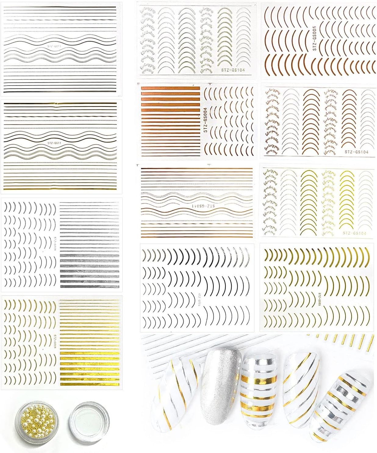 12 Sheets 3D Self Adhesive Nail Art Stickers Gold Silver Curve Stripe Line Nail Decal Pearl Steel Ball Whole Nail Decoration, Women Girls DIY Nail Decals Design