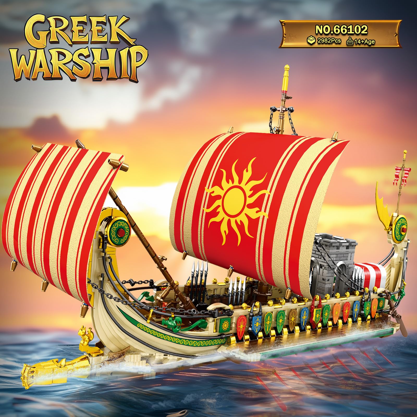 Reobrix Set di costruzione di navi pirata, nave da guerra greca militare 66102, classica antica nave da guerra greca, set di giocattoli di navi pirata da collezione, giocattolo per 14+