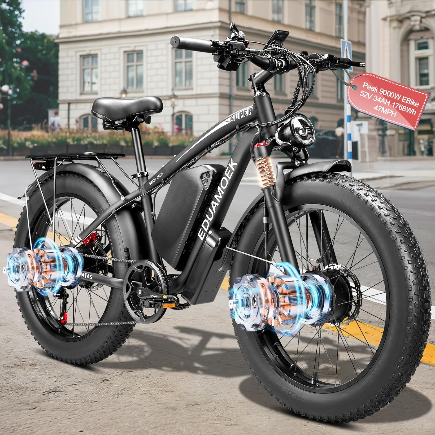 Peak-9000W-Dual-Motor-Electric-Bike Adults with 52V 34AH 1768Wh Battery, 42-46MPH 24 Inch Dual-Motor-EBike, Up to 105 Miles with Disc Brake Fat Tire Electric Bicycle E Bike Mountain Snow
