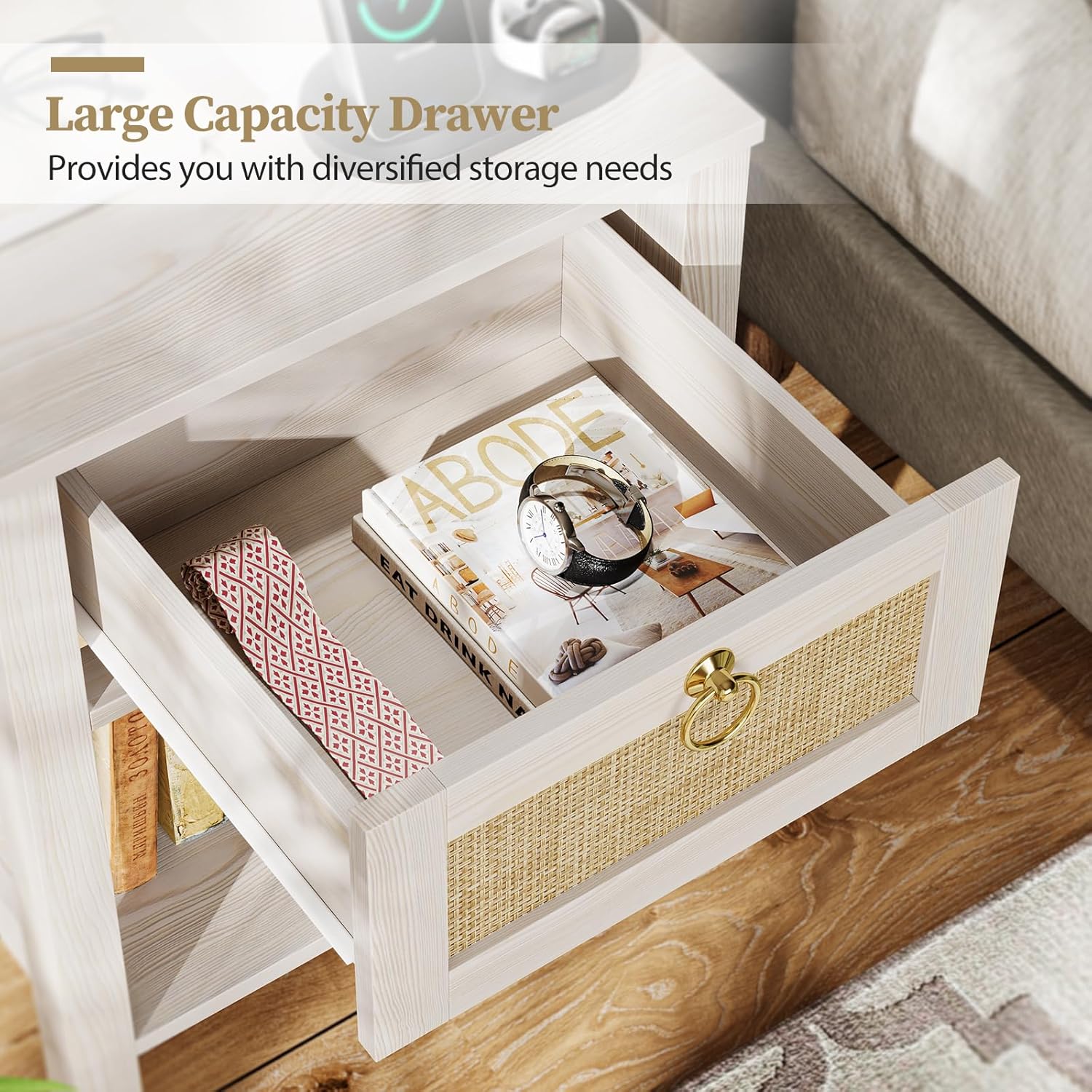 Rattan Nightstand Set of 2: Sturdy White Night Stand with Rattan Decor Drawer, Farmhouse Nightstand Bedside Table Boho End Tables Side Tables for Bedroom (Cream White Oak,2 Pieces)
