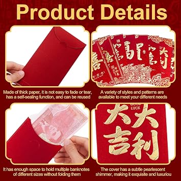 48 Pcs Red Envelopes Chinese New Year, Hong Bao Envelopes, Chinese-red Packets, Lucky Money-envelopes, Hong Bao for Chinese Lunar New Year, Wedding, Birthday