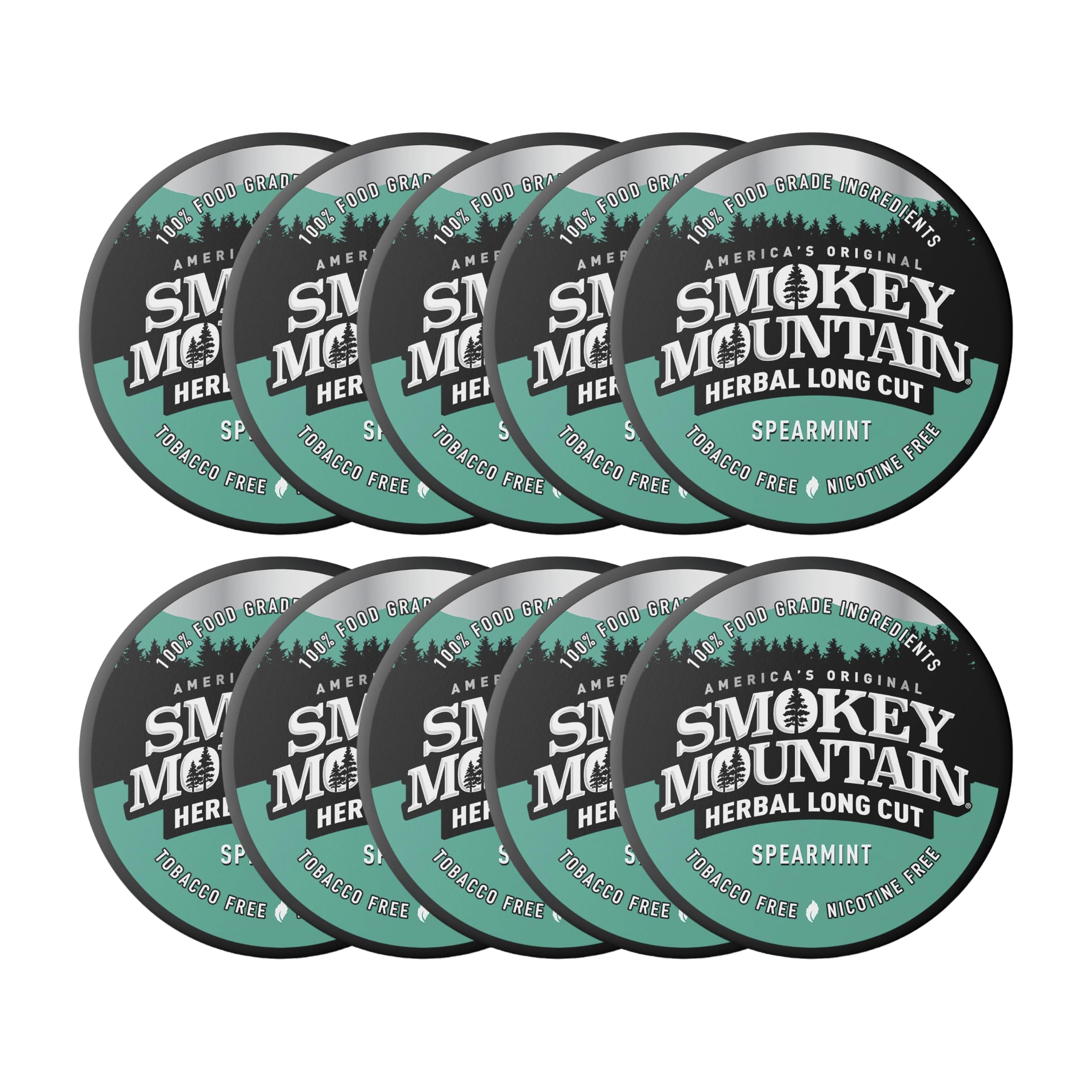 Smokey Mountain Herbal Long Cut Spearmint 10 Can Box - Tobacco Free and Nicotine Free Snuff