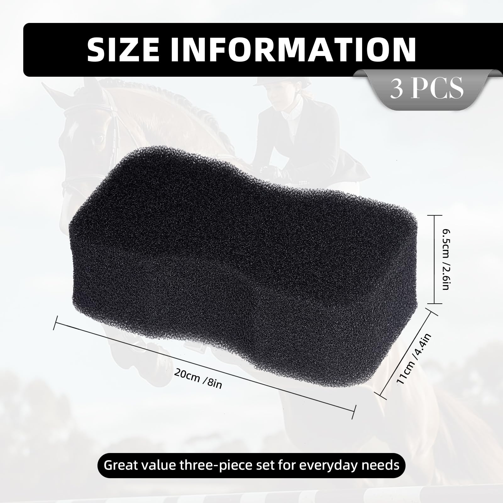 Horse Grooming Kit - 3 Pcs Black Sponges for Cleaning Massaging, and Bathing, Large Size, Soft and Durable, Perfect for Horse Care - Image 2
