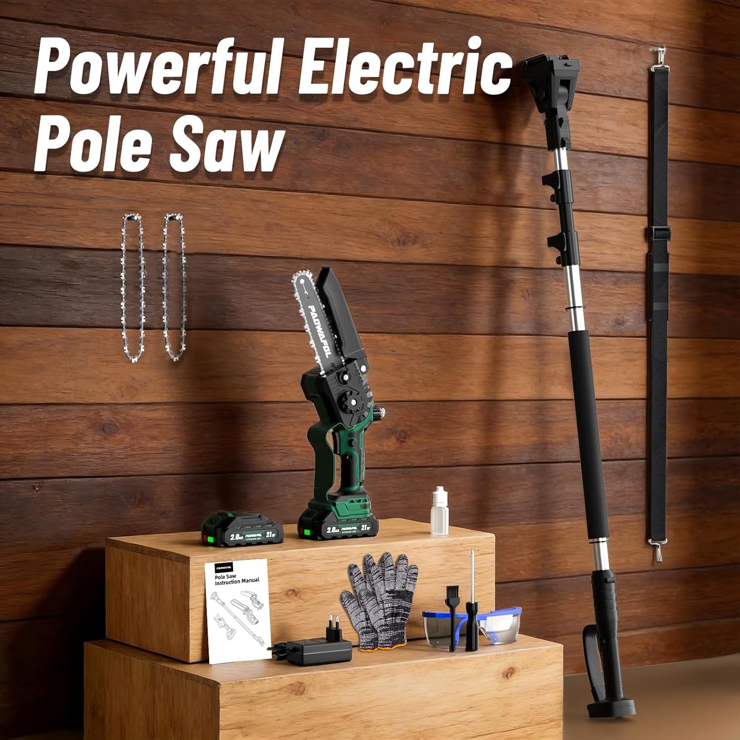 2-in-1 Pole Saws for Tree Trimming, Mini Chainsaw Cordless 6 Inch with 15 FT Max Reach, Electric Pole Saw with 2*21V Battery, Auto-Oil Brushless Branch Cutter for Tree Trimmer Pole Saw Green