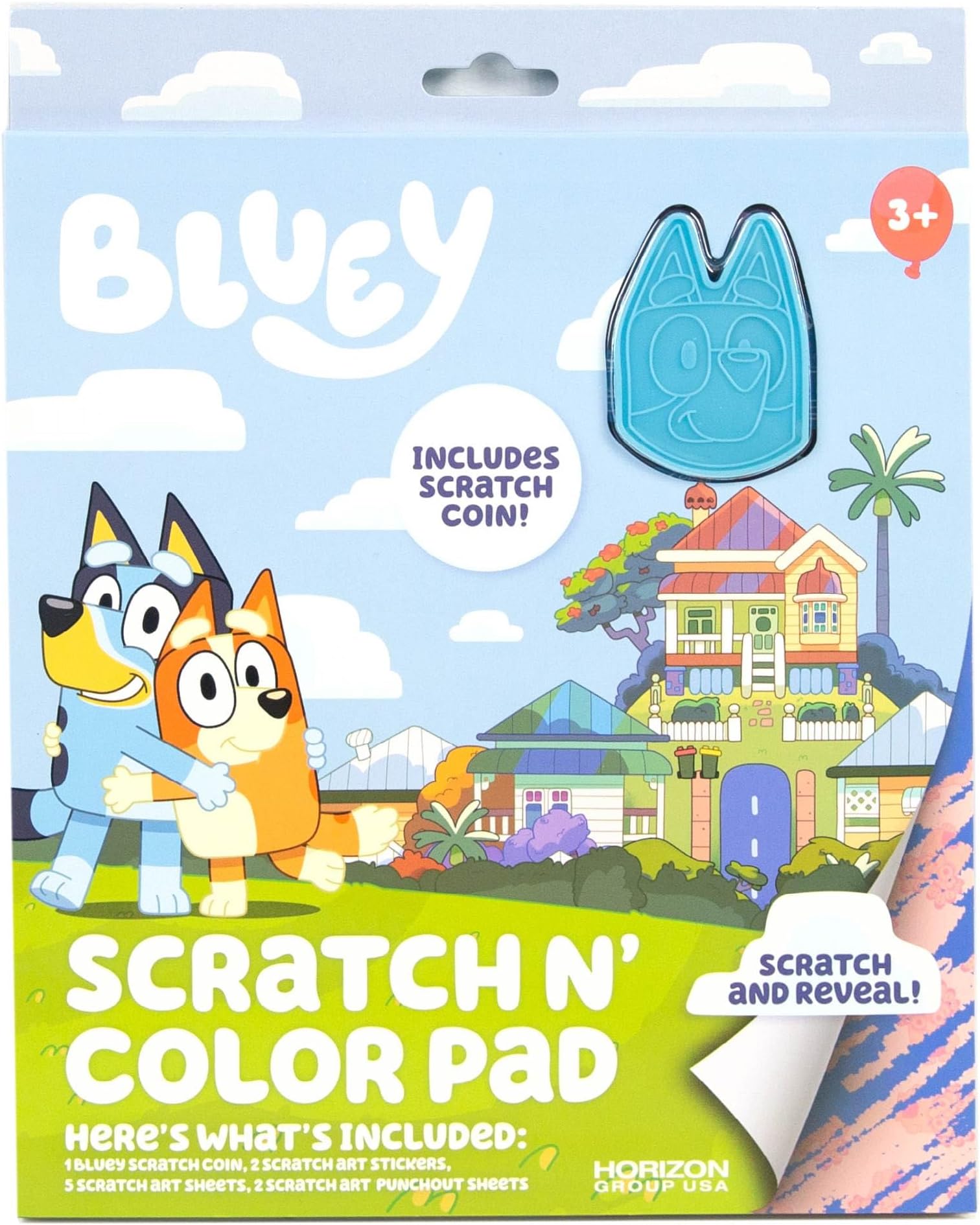 BLUEY Scratch ‘n Color Pad, 9-Page Activity Coloring Book, Includes Scratch Art, Stickers for Kids, Toys, On the Go Activity Playset, Toys for Toddlers 1-3, Great Gift for Kids Ages 3 & Up