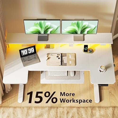 Miniatura 5 de OffiGo Escritorio eléctrico de pie en forma de U con bandeja para teclado, escritorio ajustable de altura de 55 pulgadas con tomas de corriente y