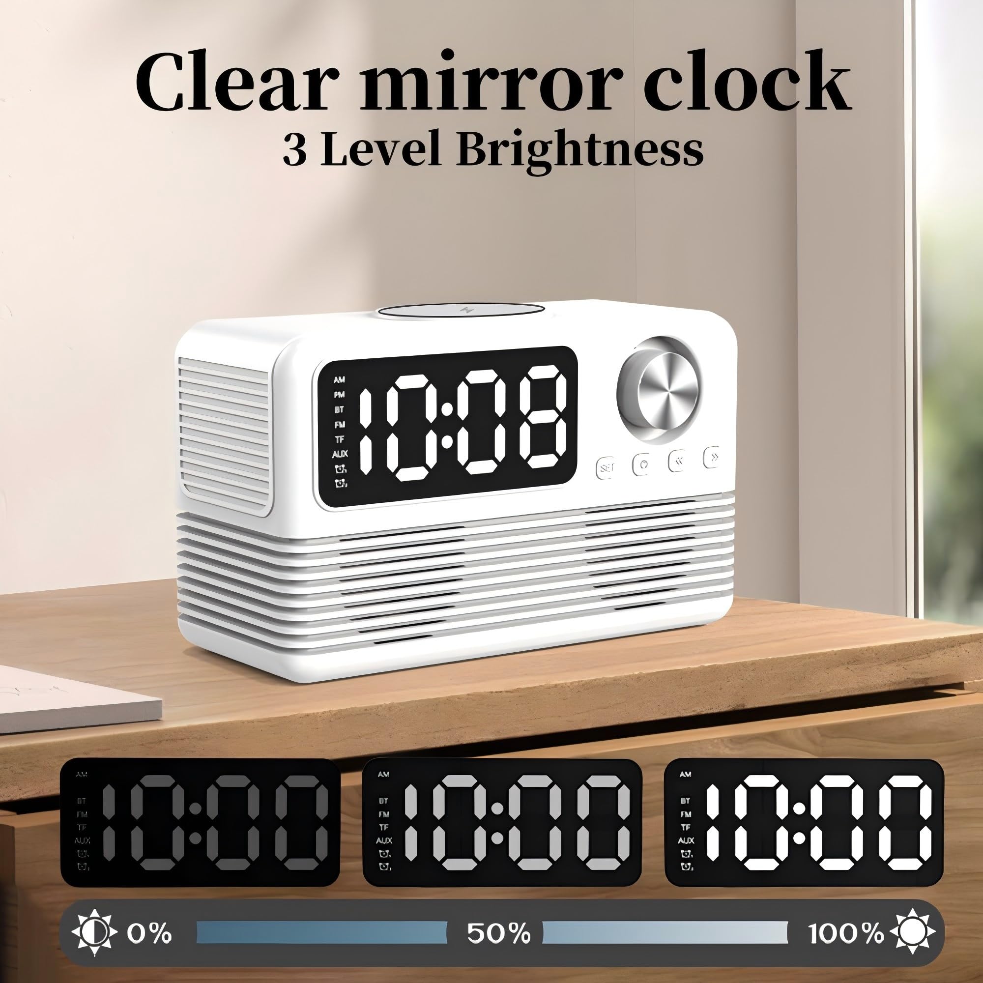 Reloj despertador para mesita de noche, 15 W, carga inalámbrica, con altavoz Bluetooth, alarmas duales, batería de respaldo, regulable, gran pantalla HD, reloj de radio digital para