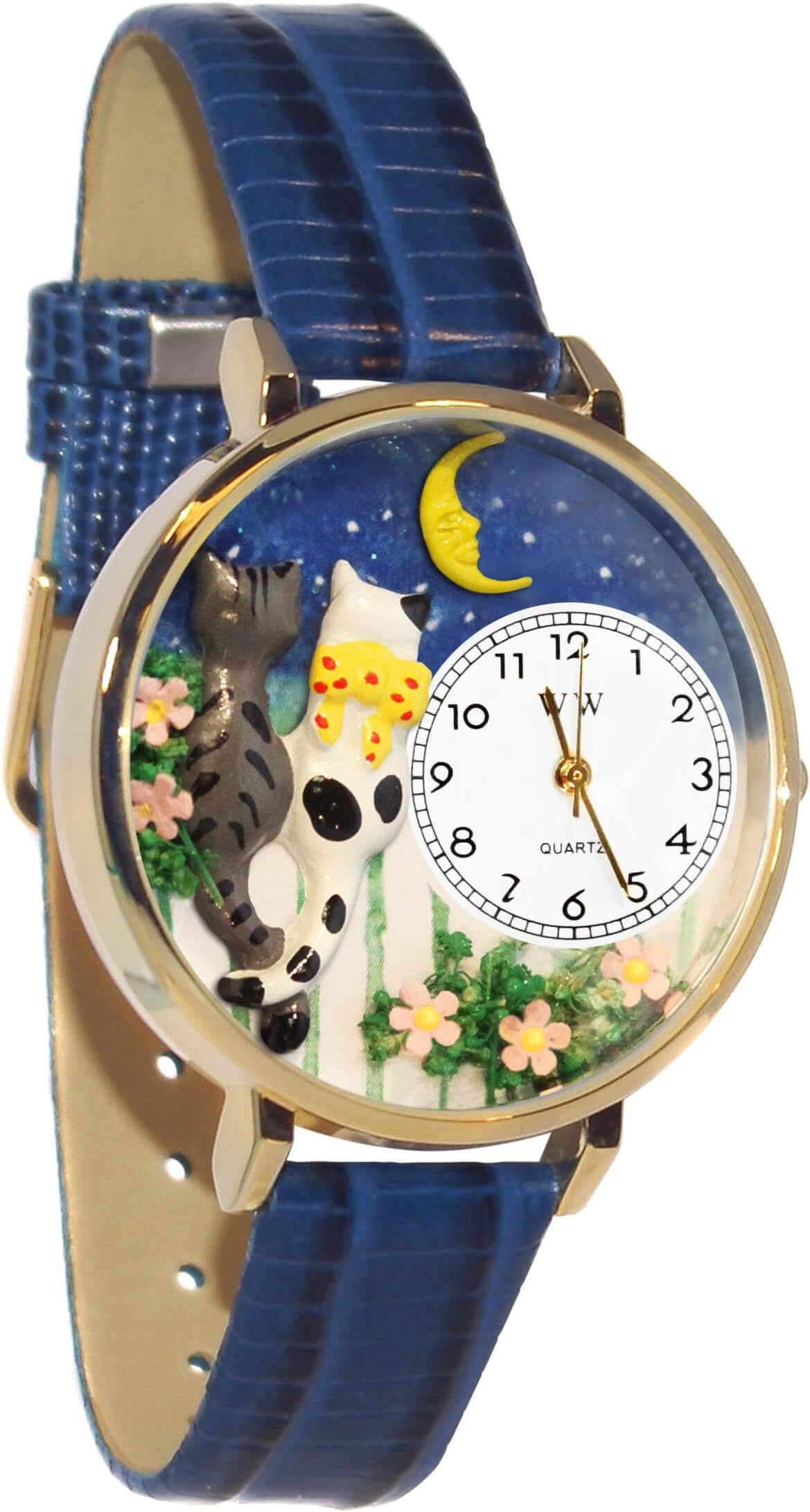 Whimsical Gifts Cats Night Out 3D Watch | Silver or Gold Finish Large or Small | Unique Fun Novelty | Handmade in USA | Blue Leather Watch Band