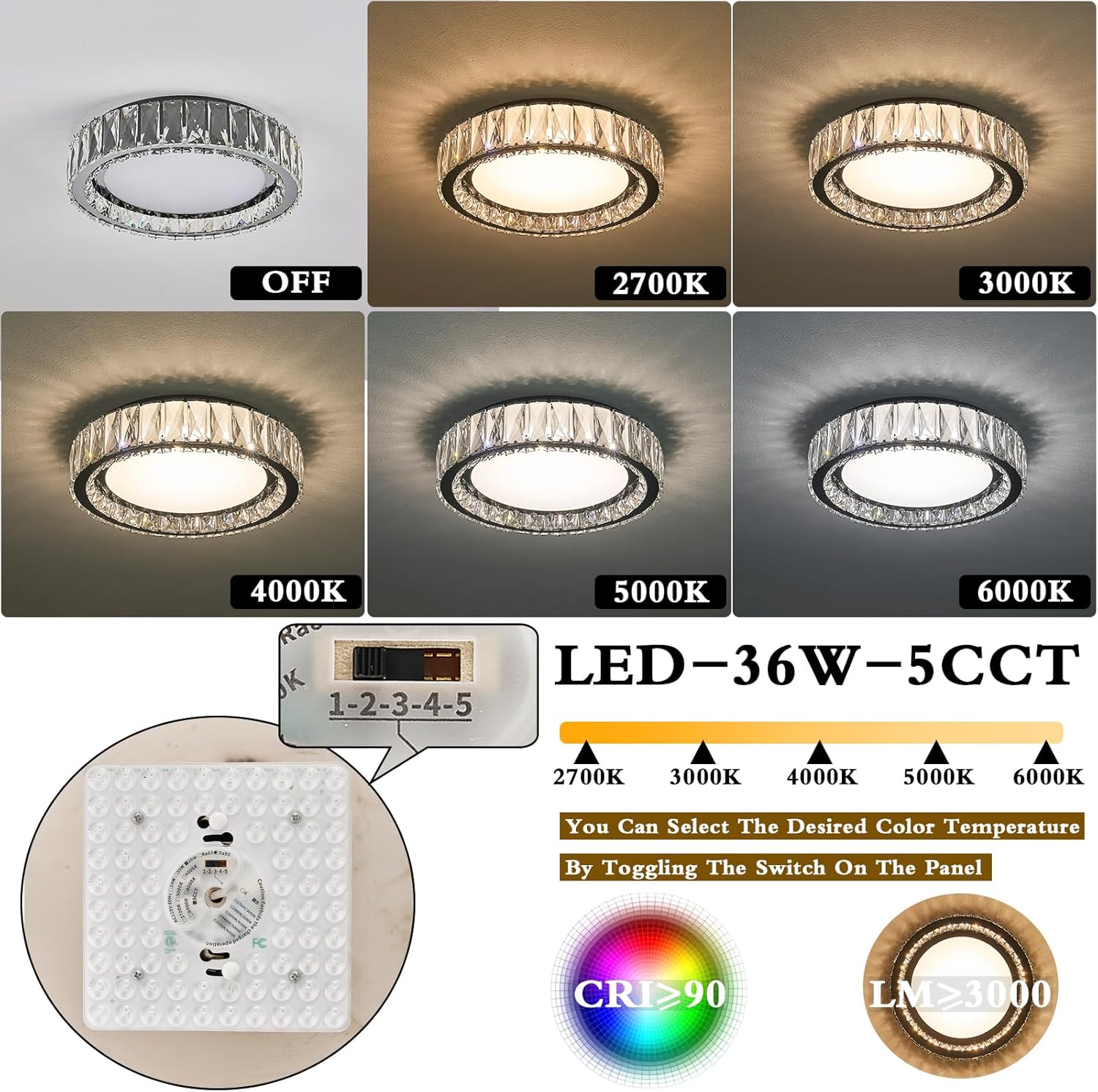 Crystal Dimmable Flush Mount Ceiling Light, Black Modern LED Close to Ceiling Light Fixture with 5CCT 2700K-6000K, Round kitchen Lighting for Bedroom, Laundry Room, Hallway, Living room (15in 36W)