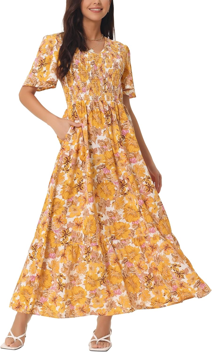 Seta T Women's Summer Dresses Casual Floral Short Sleeve V Neck Smocked Flowy Maxi Dress with Pockets