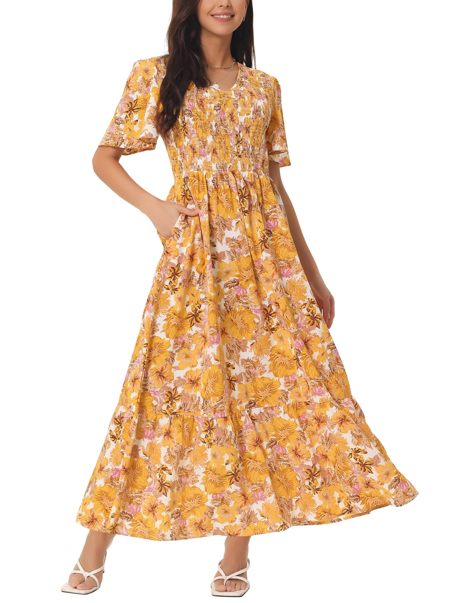 Seta T Women's Summer Dresses Casual Floral Short Sleeve V Neck Smocked Flowy Maxi Dress with Pockets