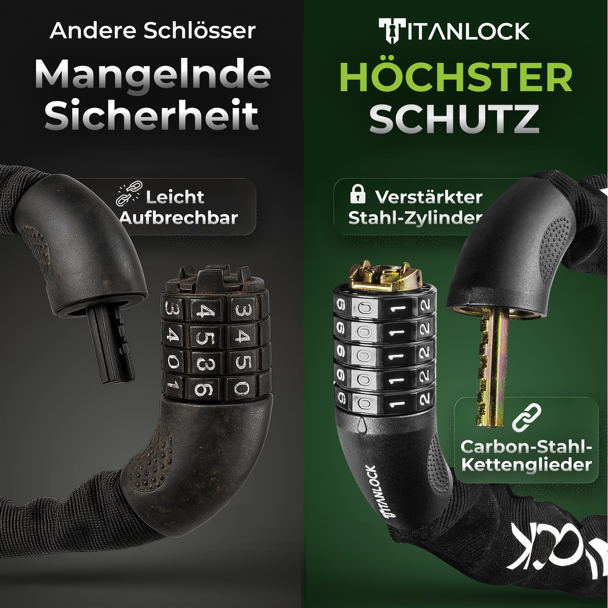 Fahrradschloss Kettenschloss Diebstahlsicher [REFLEKTIEREND] + Leichter Transport Rostfrei Sicherheitsstufe 7/10