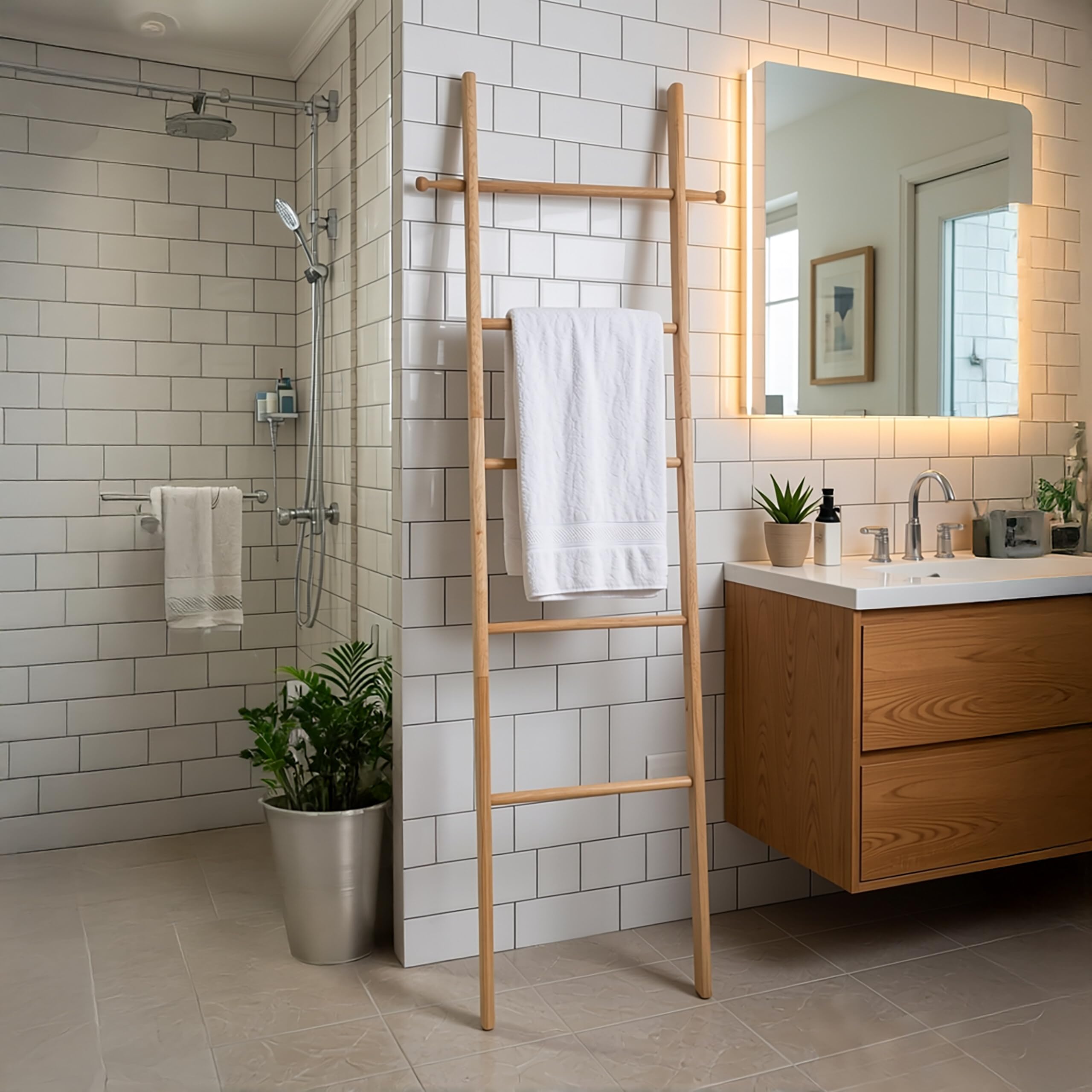 Relaxdays Portasciugamani Scala, 5 pioli, per asciugamani da bagno | 170 x 43 cm, noce, naturale