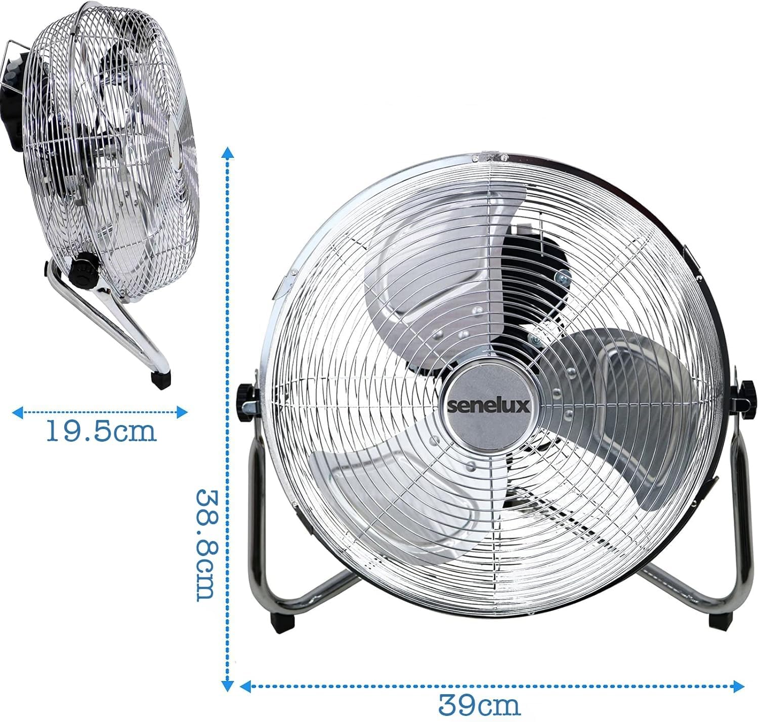 Senelux Ventilateur de sol - Ventilateur de gymnase chromé Ventilateur électrique portable de 30,5 cm à 3 vitesses avec fonction d'inclinaison