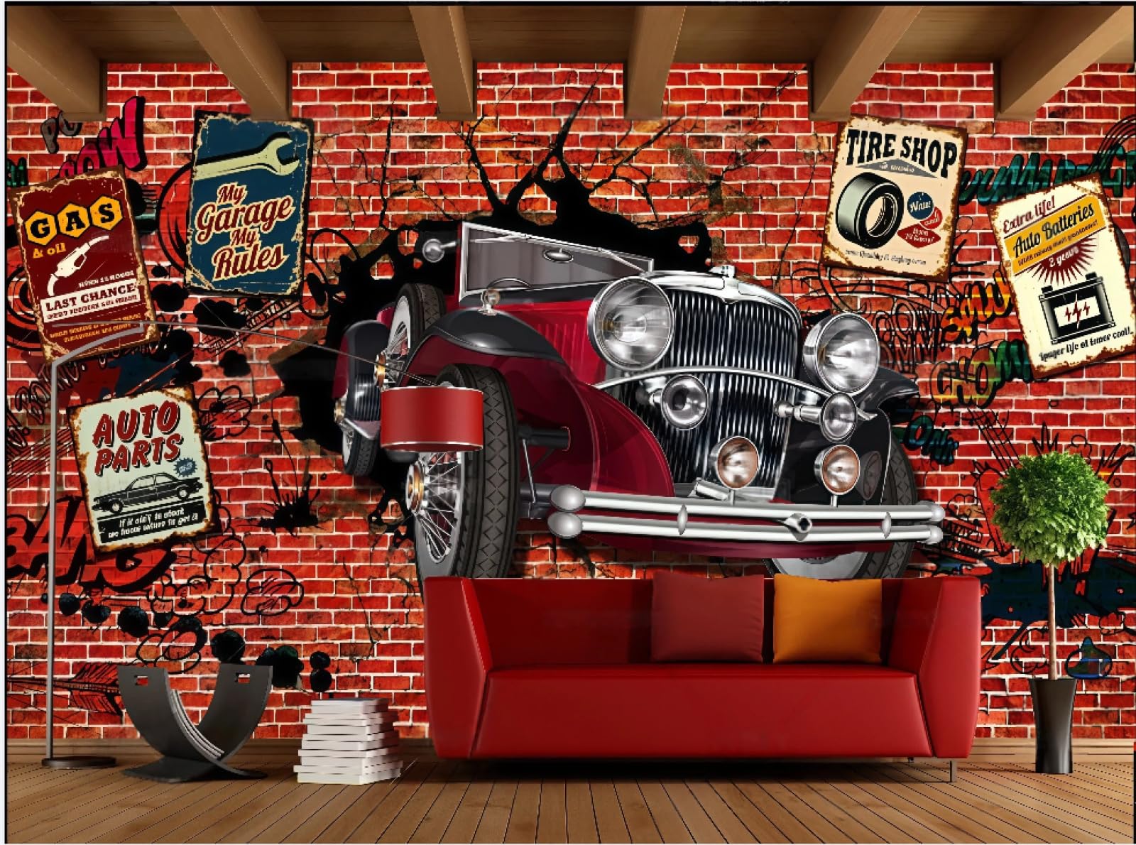 rskjdghshd Wallpaper Three-Dimensional Retro Hand-Painted Graffiti Car Red Brick Wall Bar Background Wall Western Restaurant Wallpaper Drink Coffee Shop Mural,3D,200x140cm
