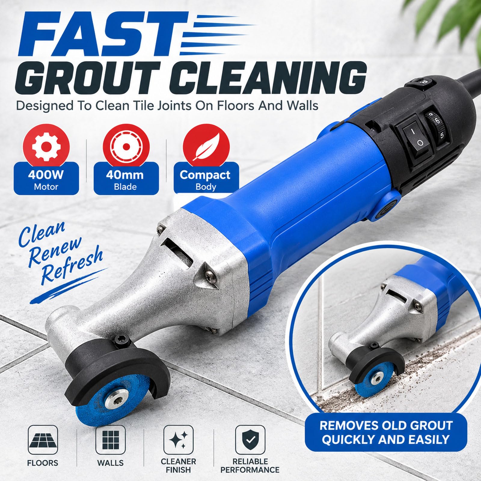 Strumento Elettrico Per La Rimozione Della Malta, Pulitore Per Fughe Di Piastrelle Da 400 W Con Controllo A 6 Velocità, 10.000-24.000 Giri/min, Lame Da 40 Mm Main Unit