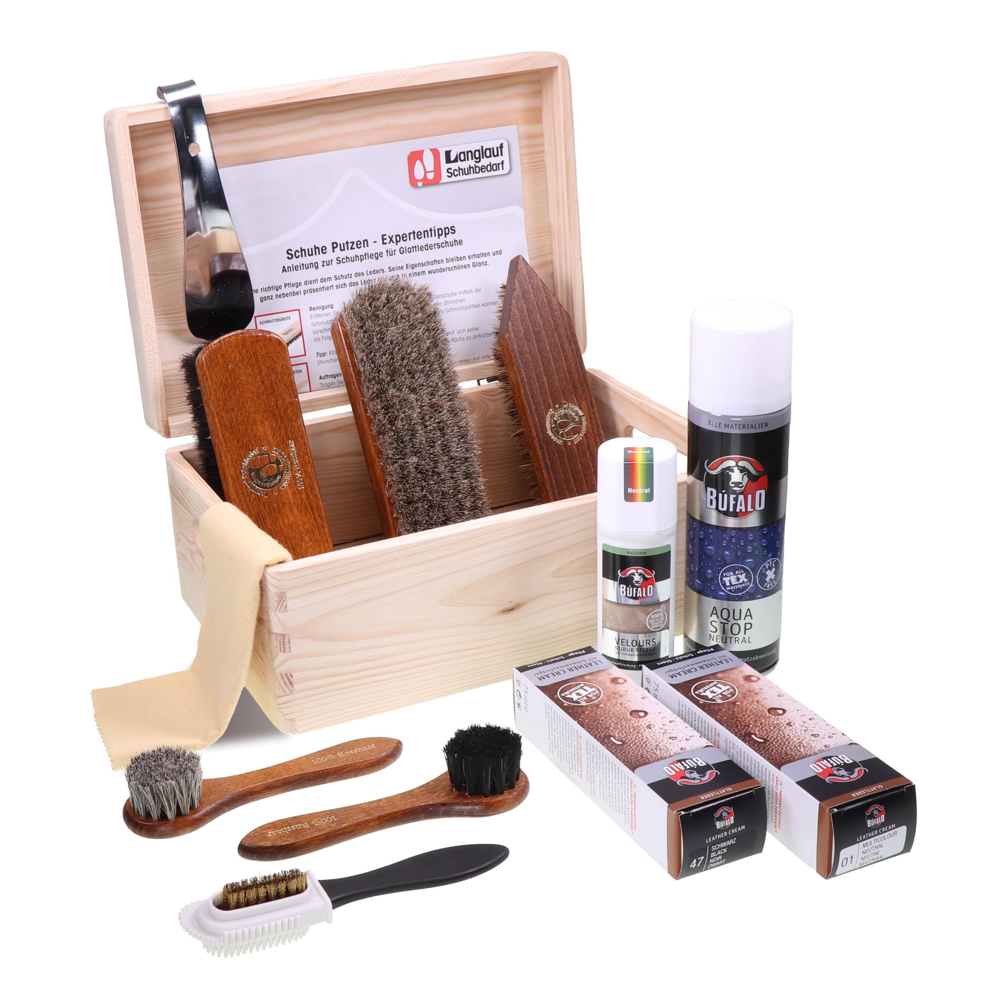 Langlauf Schuhputzset 13tlg Venezia - Schuhpflege Glatt- & Wildlederbürsten | mit Schuhcreme farblos/schwarz, Imprägnierung, Velours- & Nubukpflege, Rosshaarbürste Schuhbürsten Set für Glanz & Reinigung