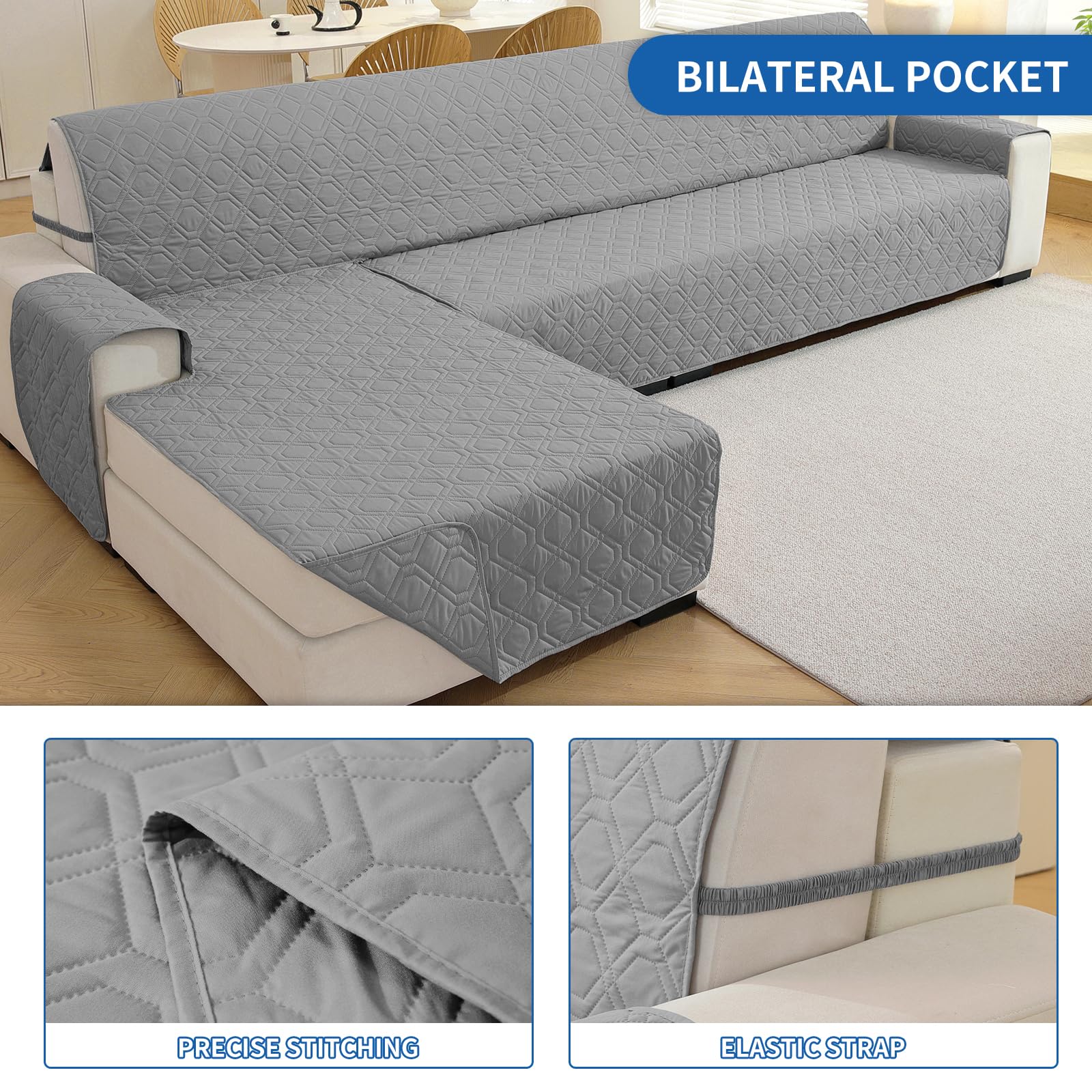 YSTELLAA Fundas para Sofa Chaise Longue 3 Plazas, Funda Sofá Chaise Longue Izquierdo/Derecho Universal Reversible, Impermeable Funda Sofa Rinconera, Sofa Cover Forma De L, Gris Claro