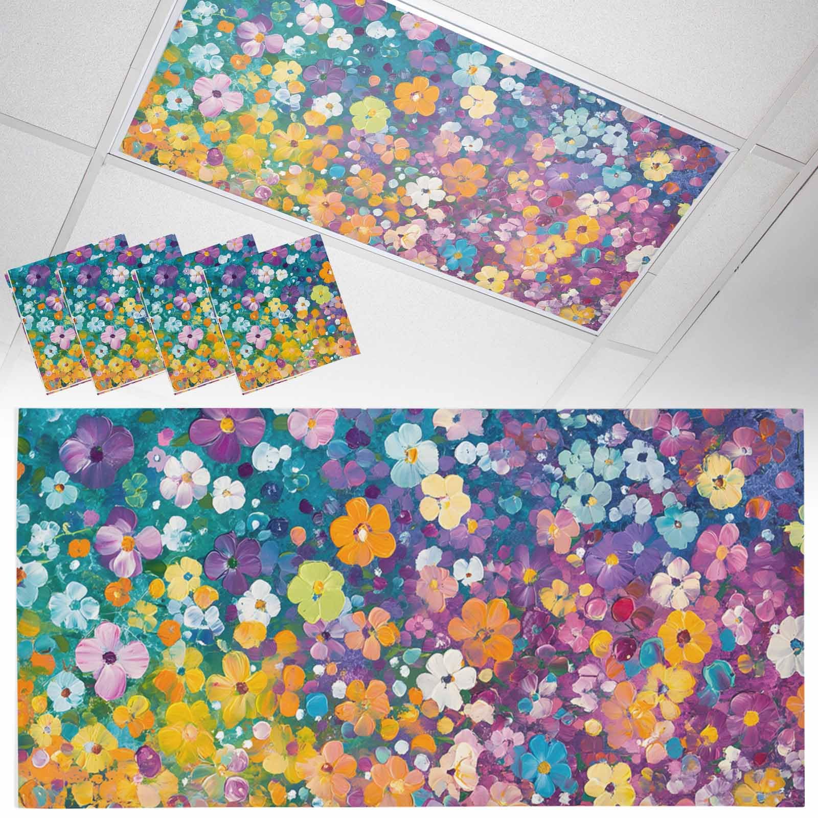 Wowouhiya 4 Pack Fluorescent Light Cover for Ceiling Lights, Colorful Spring Floral Magnetic Classroom Light Filters 4x2 Feet, Modern Oil Painting Abstract Art Decorative Ceiling Shade Panel