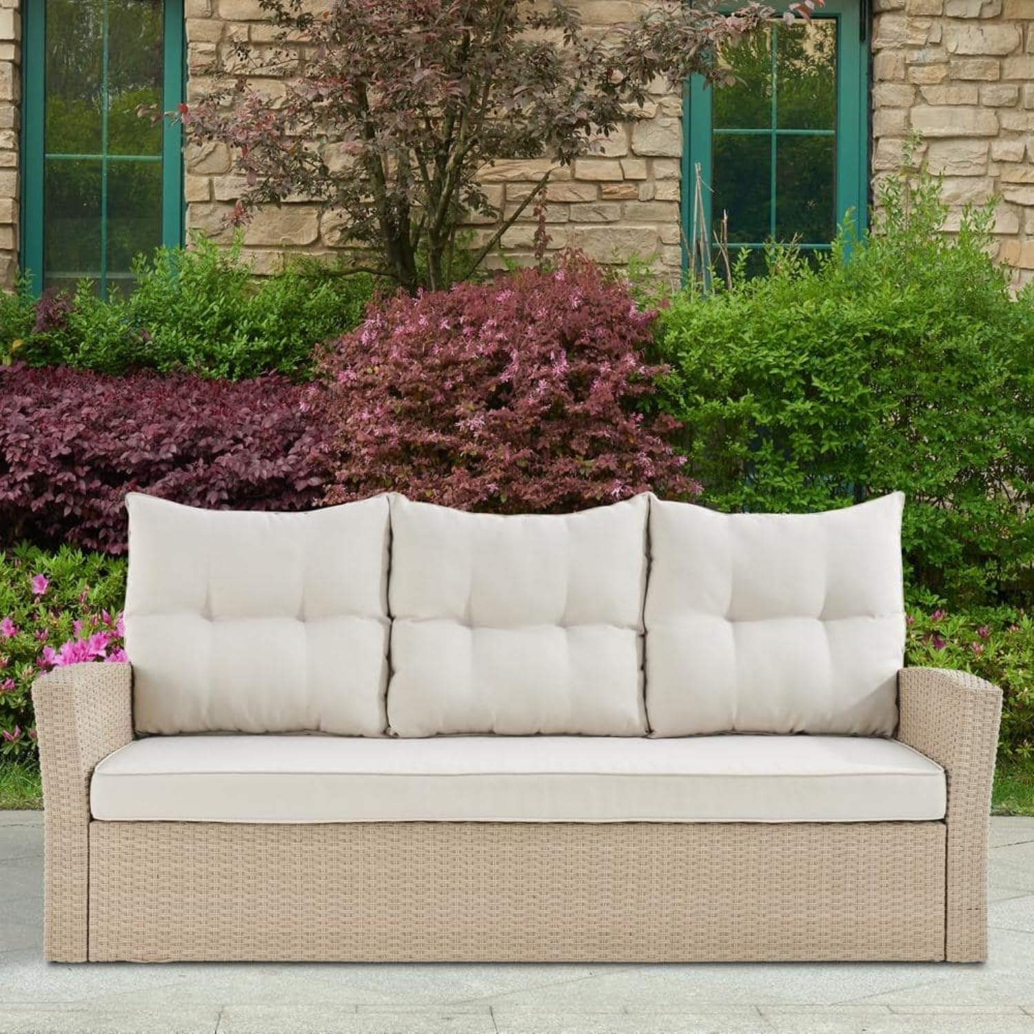 DEVOKO 3-Seater Patio Wicker Sofa Outdoor Rattan Couch Furniture with Anti-Slip, Water Resistant Cushion Covers for Pool, Porch, Backyard, Balcony (Beige & Cream)