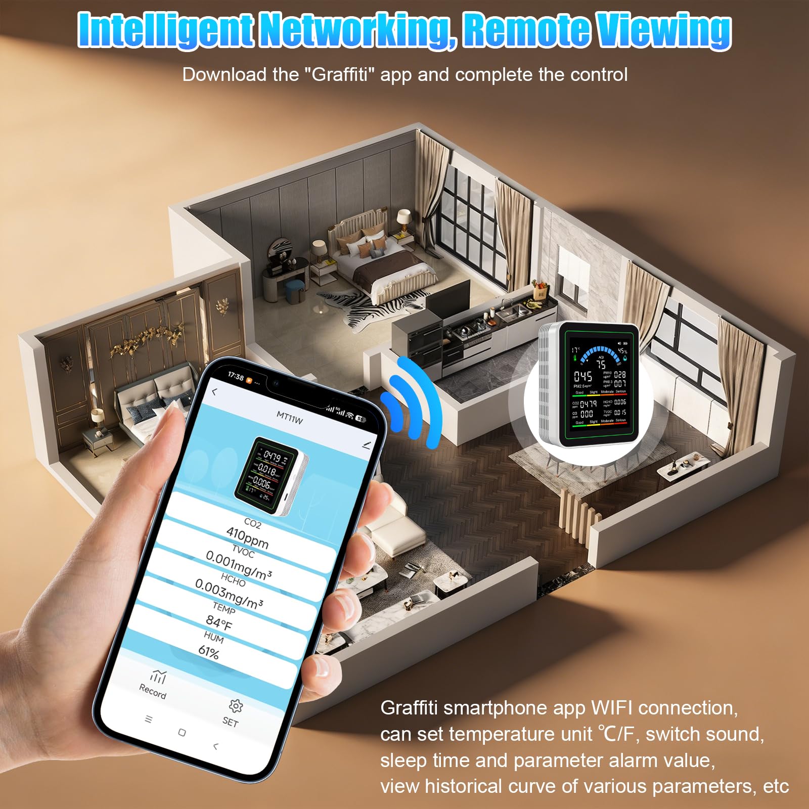OBEST Moniteur de qualité de l'air, détecteur portable avec application pour mesurer PM2.5 / PM10 / PM0.3 / CO2 / CO/HCHO/TVOC/AQI/température et humidité, usine, bureau et intérieur
