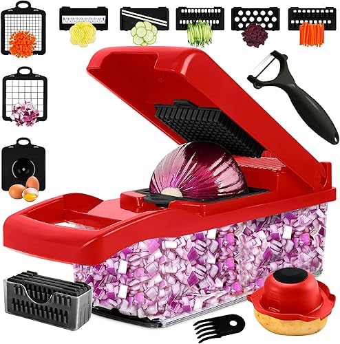 Picadora y rebanadora de verduras 16 en 1 con 8 cuchillas, cortador de verduras, cortador, picador de alimentos con recipiente y tapa, herramienta