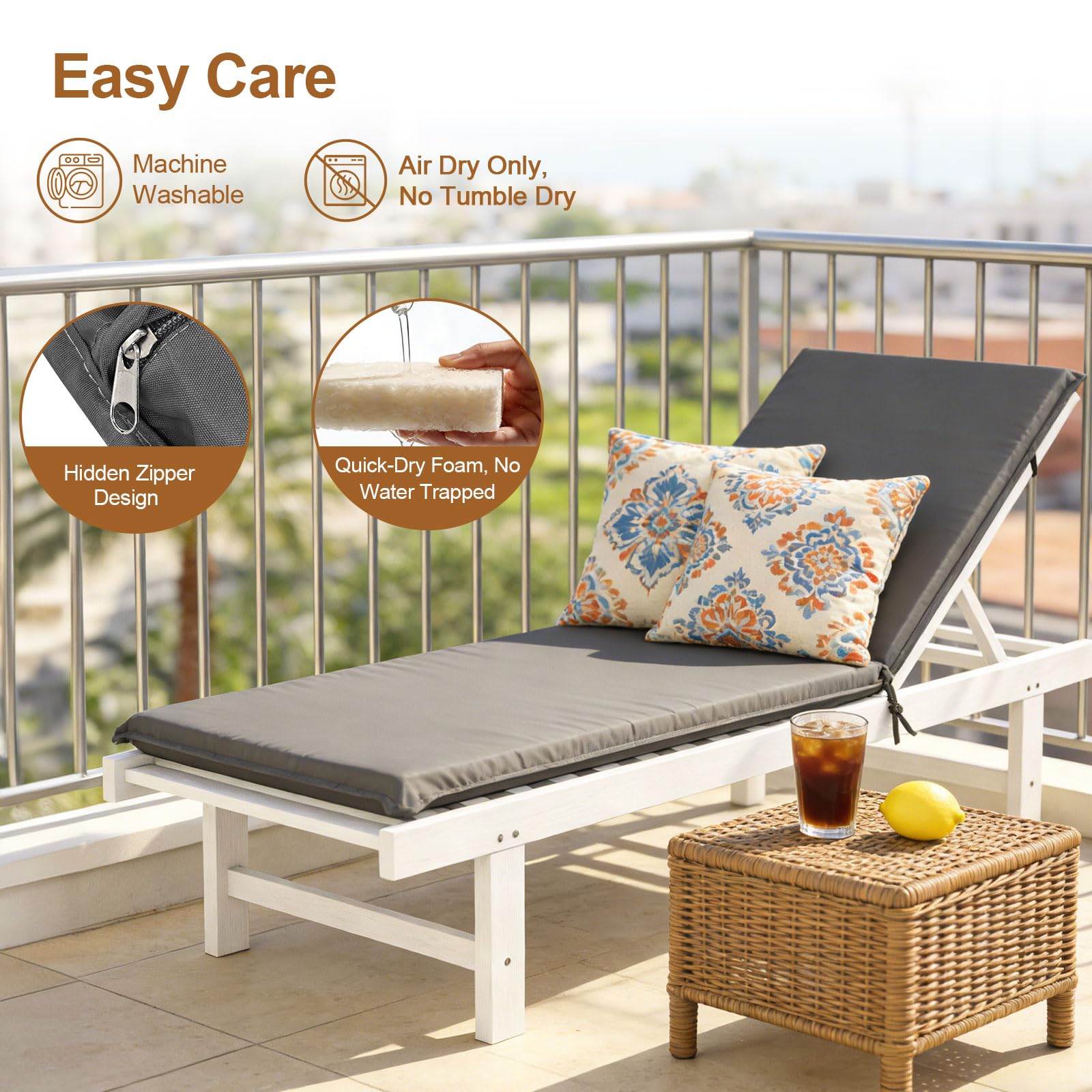 Zyncove Liegenauflage, 190x58x6cm Outdoor Bequeme Sonnenliege Polster Befestigungsbänder, Waschbar Auflage Gartenliege für Gartenmöbel Liegestuhl Liegen, Gartenliege Dunkelgrau