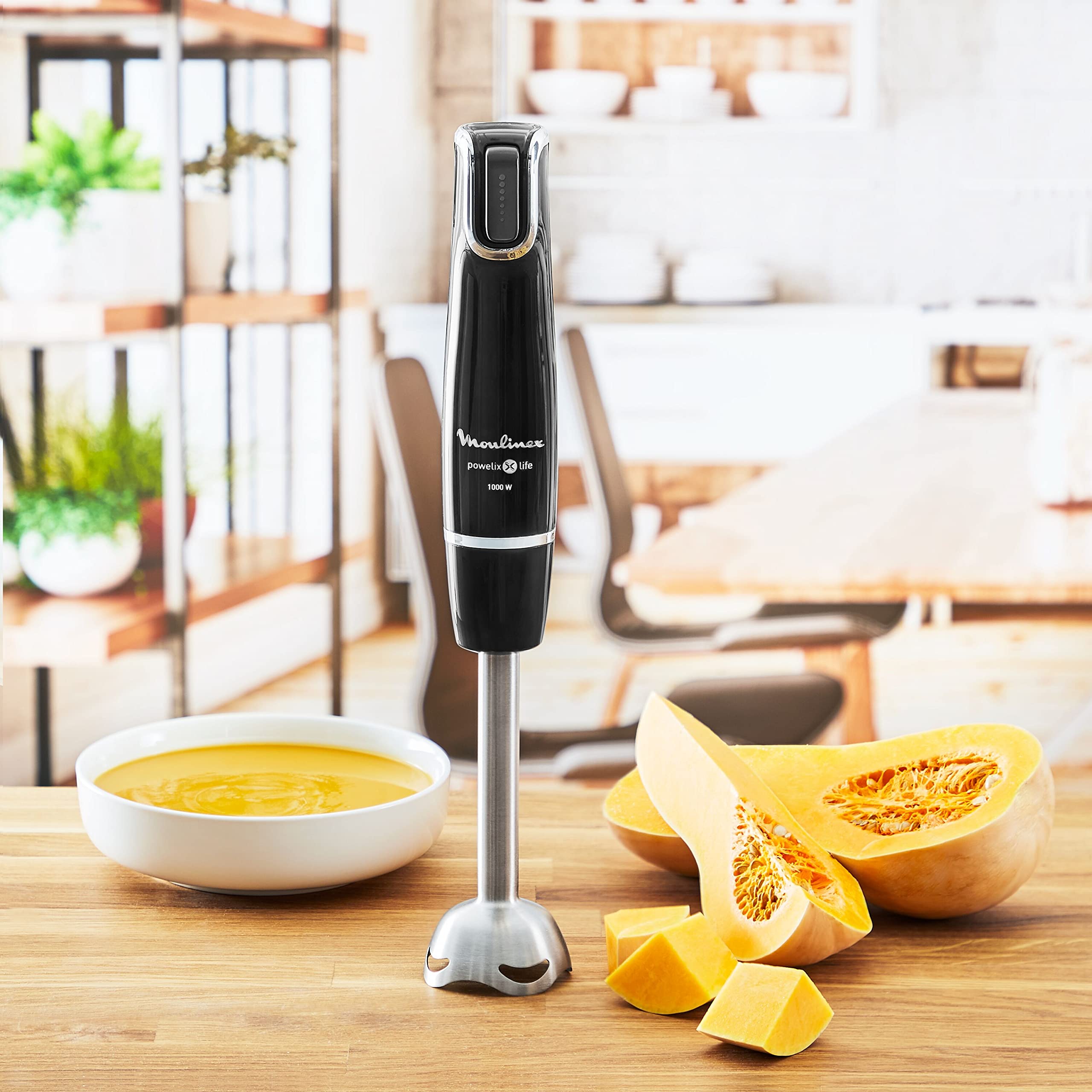 Moulinex Powelix Life DD9448 Mixeur plongeant 1000 W avec lames Powelix, jusqu'à 30% plus rapide, noir, capacité 500 ml, hachoir, doseur, fouets, hachoir à glace, noir