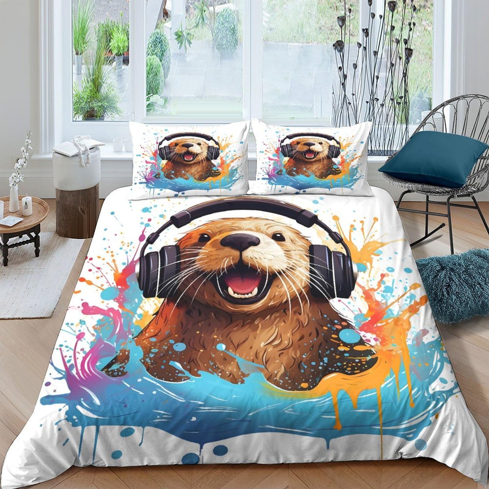 Ctjqhvkz Style-1 3D Printed Otter Headphones Fitted Sheet Microfiber Soft Bedroom Decor Splash Art Mattress Cover For Adult Teen Single（135X200cm）
